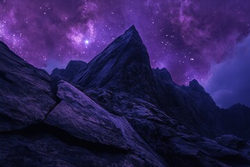 A mountain range covered in purple rocks with a purple sky above. The sky is filled with stars and a bright star is visible
