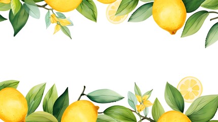 Vibrant Fresh Lemons with Green Leaves and Sliced Lemons Frame for Food and Beverage Marketing Materials