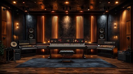 Dark, stylish recording studio with vintage equipment.
