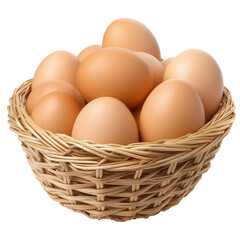 Fresh brown eggs arranged neatly in a woven basket on a clean surface in a sunny kitchen setting