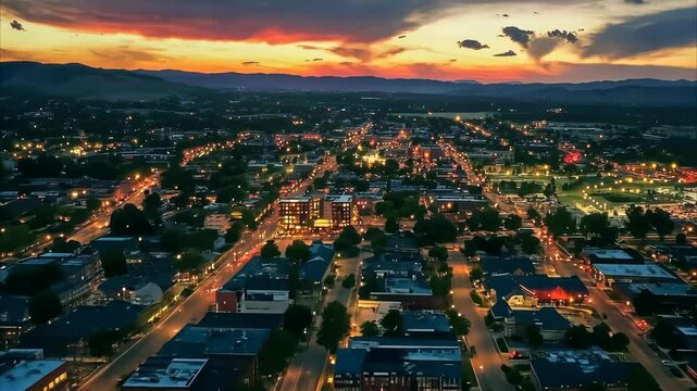 Dusk glow illuminates Provo city with stunning aerial view from drone, Beautiful dusk glow on provo city flying drone shot