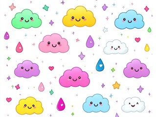Cute clouds with happy expressions, stars, and raindrops on a white background