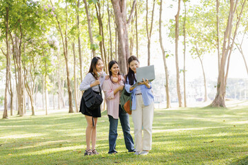 Fototapeta premium A group of students meeting up to study and gather additional information outside the classroom, enjoying the experience together.
