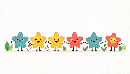 Happy cartoon stars and flowers holding hands in a colorful design, joy
