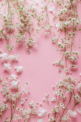 Fototapeta premium Delicate floral arrangement on a soft pink background. Small, white blossoms and sprigs artfully frame a central, empty space. A gentle, romantic aesthetic
