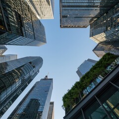 Fototapeta premium Skyscrapers converge towards a blue sky from below