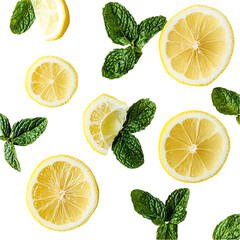 Lemon slices and mint leaves on a white background isolated on transparent background