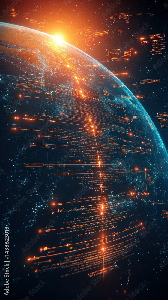 Wall mural glowing planet with digital network overlay