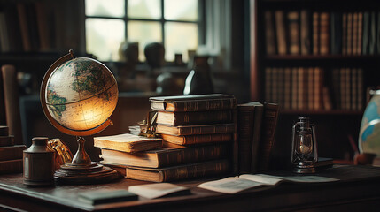 Teacher&rsquo;s desk stacked with old school books, a vintage globe, and an oil lamp under high-contrast lighting. Ultra-detailed textures create a nostalgic, scholarly atmosphere.

