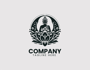 Serene Line Art Meditating Buddha Lotus Flower Stylish Hands Vector Logo Design