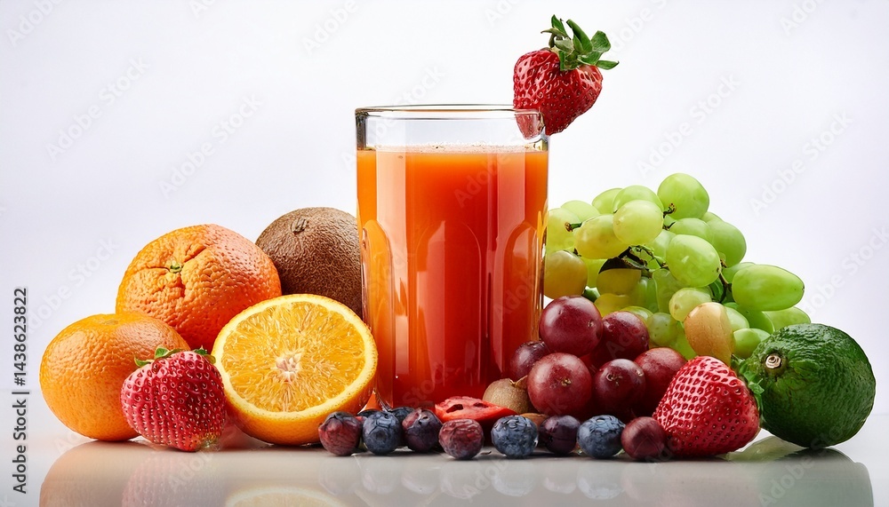 Poster freshly squeezed juice with vibrant fruits displayed on a white background for a refreshing summer t