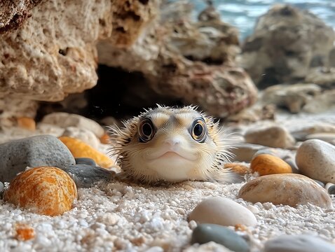 Adorable pufferfish peeking from sandy seabed amongst colorful pebbles near rocks