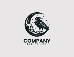 Raven Perched on Skull Crescent Moon Background Vector Logo Design