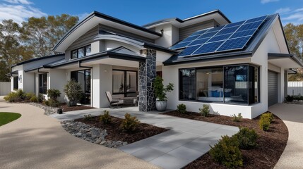 Standard house featuring solar panels on roof against a clear blue sky in a suburban neighborhood
