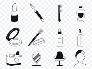 Girls cosmetic icon set with lipstick, eyeliner, comb, makeup brush, mirror, salon chair, skincare bottles, beauty desk, perfect for branding, packaging, web design, and fashion projects.