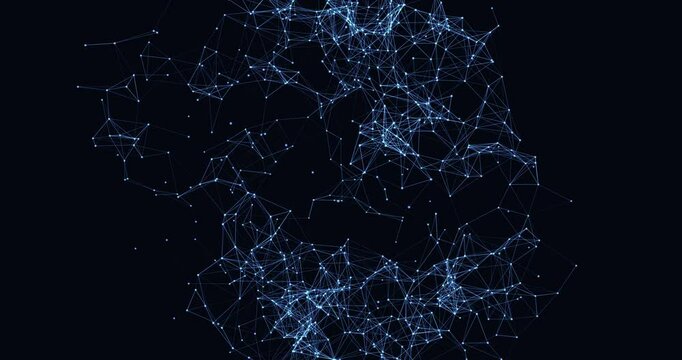 An abstract deformed rotating sphere made of interlaced dots and lines. Looped seamless animation.