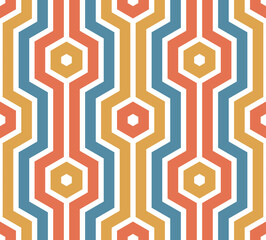 Seamless striped pattern with vertical lines and hexagons in blue, orange, and yellow on a white background. Modern and simple style. Abstract geometric vector illustration.