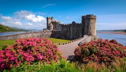 view of gwrych castle with flowers during summer north wales uk