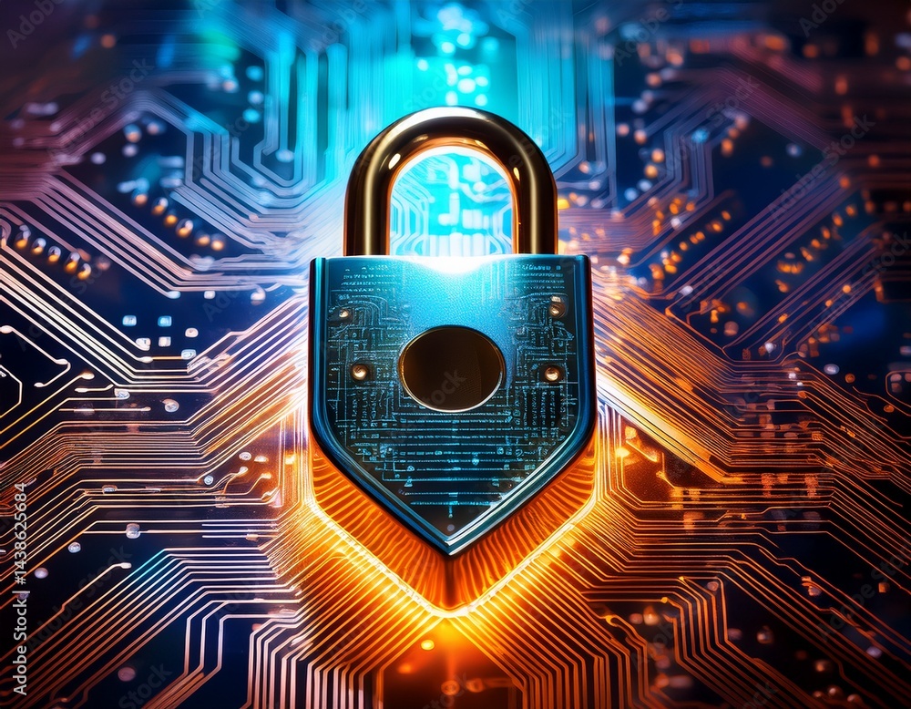 Poster a digital lock with intricate circuitry glows brightly against a colorful circuit board backdrop thi