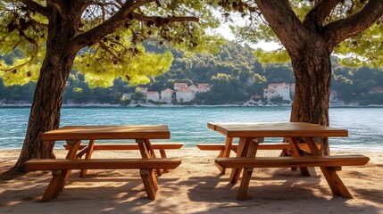 Scenic Seaside Picnic Tables Under Trees