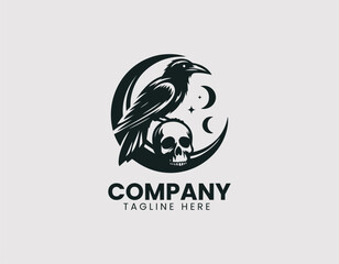 Fototapeta premium Raven on Skull with Crescent Moon Vector Logo