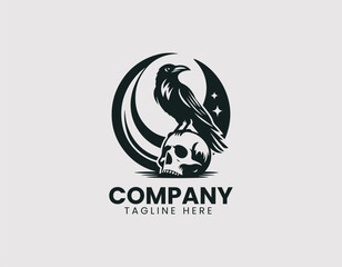 Raven on Skull with Crescent Moon Vector Logo