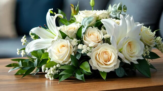 Timelapse of blossoming floral arrangement on wooden table in cozy living room
