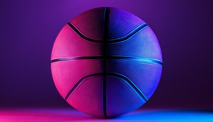 a neon basketball is on a dark background the ball is lit up in neon colors the background is purple