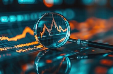 Financial market analysis using magnifying glass.  Detailed stock market charts under a magnifying glass, highlighting trends