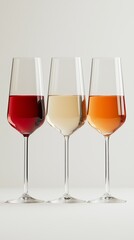 Three Elegant Wine Glasses Filled With Red, White, and Orange Wines Arranged on a Neutral Background