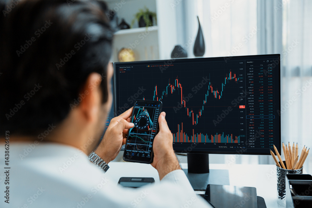 Poster trader businessman searching on smartphone, analyzing in dynamic stock exchange investment screen on