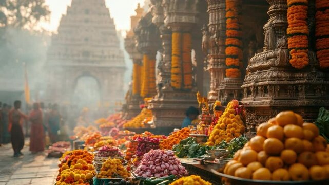 A vibrant tableau of faith and tradition, a bustling marketplace nestled within the sacred grounds of an ornate Indian temple, overflowing with fragrant flowers, ripe fruits.