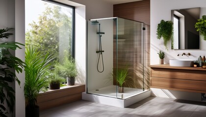 modern bathroom corner shower stall sink and greenery interiors design