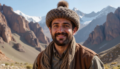 Naklejka premium Smiling man in traditional hat standing in mountainous landscape with snow-capped peaks