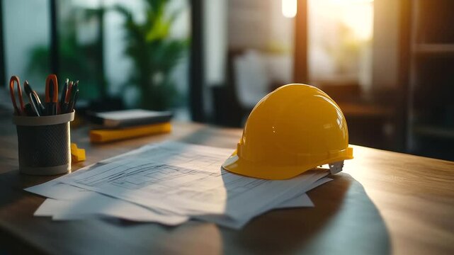 Close-up of rolled construction plans and budget documents scattered on a wooden desk. A bright yellow hard hat sits on top, symbolizing precision in project estimation.