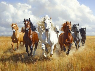 Obraz premium A Majestic Herd: Wild Horses Galloping Freely Across the Golden Prairie Under a Bright Sky, a Symbol of Untamed Spirit and Nature's Boundless Beauty.