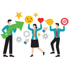 Flat illustration of people carry social media feedback elements stock illustration