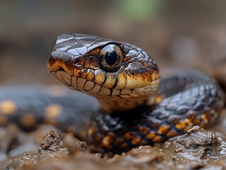 Obraz premium Detailed Close-up of a Copperhead Snake in Mud, Showcasing its Intricate Scales and Captivating Eye, Revealing the Beauty of this Venomous Reptile in its Natural Habitat.