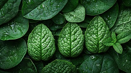 Fototapeta premium Leafy greens with water droplets, vibrant and fresh