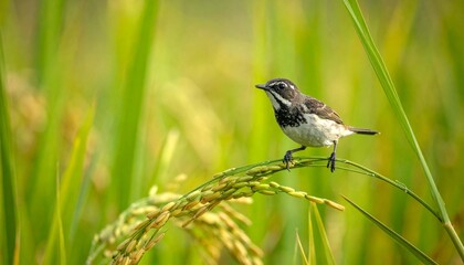 Close up bird hops on paddy, in the paddy field