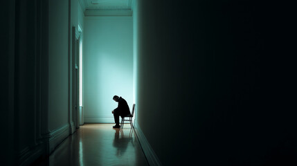 Silhouette of man seated in hallway, head bowed, suggesting solitude or contemplation, showcasing themes of loneliness and introspection