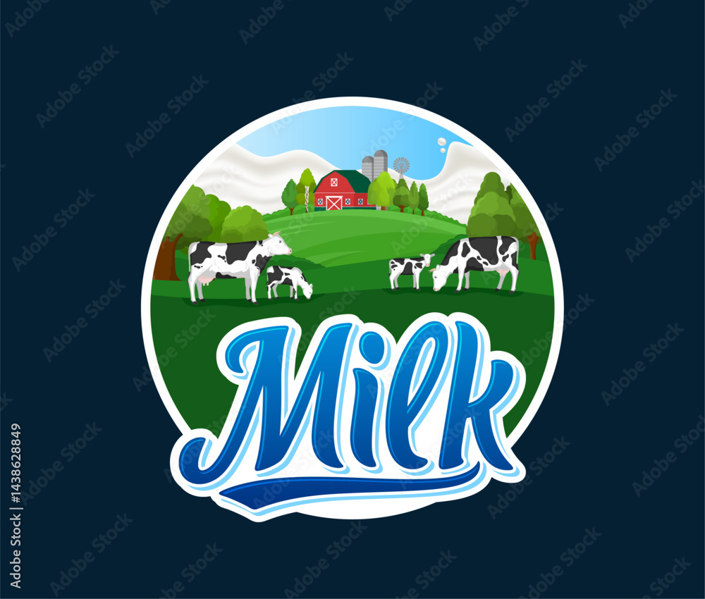 Fototapete vector milk colorful label with cows and calves grazing on the grass. milk hand lettering for labels