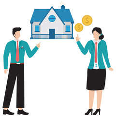 Businessman over dollar coin to new homeowner, illustrating making down payment for purchasing house. Concept of mortgage or real estate loan, saving for new home, investing in property rental stock i