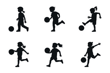 Girls Playing Soccer Silhouettes In Various Poses On White Background Vector Illustration For Sport And Activities Designs
