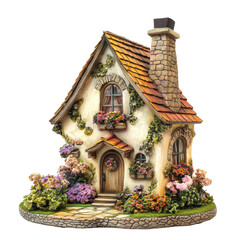 Charming miniature cottage with colorful flowers and detailed stone chimney creates a whimsical garden landscape