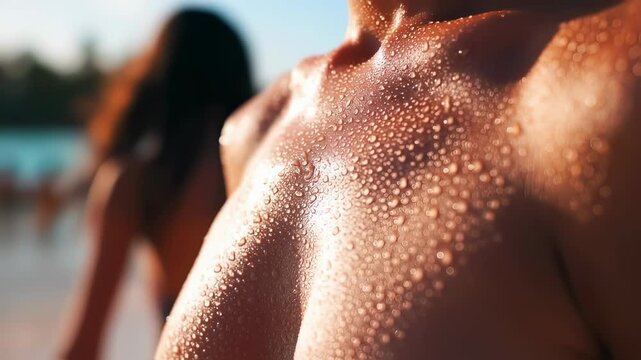 Close-up of a woman's collarbones glistening with water droplets on a sunny beach with sparkling ocean waves in the background