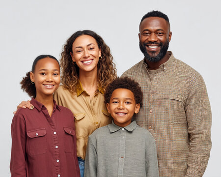 Adopted siblings hugging their new parents against a clean white background, radiating joyful energy. Bright, clean aesthetic perfect for family-themed stock content and emotional storytelling.

