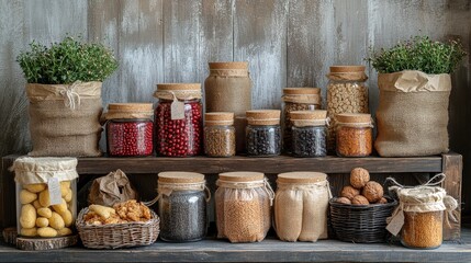 A rustic display of jars filled with various grains, nuts, and dried fruits on a wooden shelf