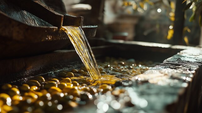 Cold-pressed olive oil flows from ancient olive mill in a sunlit grove