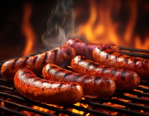 grilled sausages on grill long fire flames in the background for barbecue ai illustration